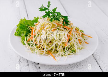 Insalata fresca con cavolo bianco grattugiato, carote grattugiate e aneto su piatto bianco, servita su un tavolo di legno Foto Stock