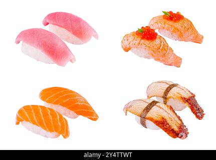 Una selezione di deliziosi pezzi di sushi è galleggiante, con salmone, tonno e sashimi di anguilla Foto Stock