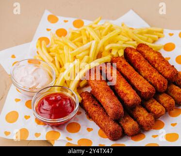 Bastoncini di mozzarella impanati e patatine fritte serviti su un piatto di legno con ketchup e maionese Foto Stock