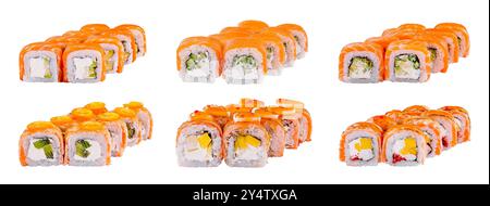 Sei diversi tipi di sushi roll uramaki sono disposti su uno sfondo bianco, creando una composizione bella e appetitosa Foto Stock
