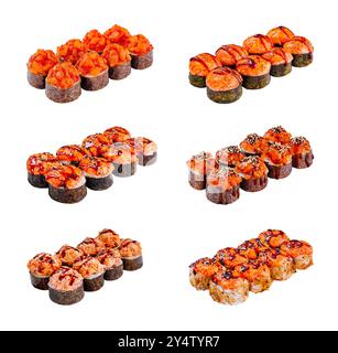 Sei diversi tipi di sushi panini al forno con vari condimenti sono presentati su uno sfondo bianco e pulito, a dimostrazione della loro diversità e deliziosa applicazione Foto Stock
