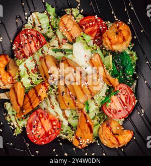 Deliziosa insalata con gamberetti alla griglia, capesante scottate, salmone e verdure servite su un piatto nero Foto Stock