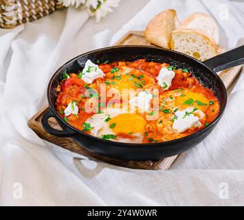 Shakshuka piccante con uova e formaggio feta guarnito con prezzemolo in una padella di ghisa, pronto per essere servito Foto Stock