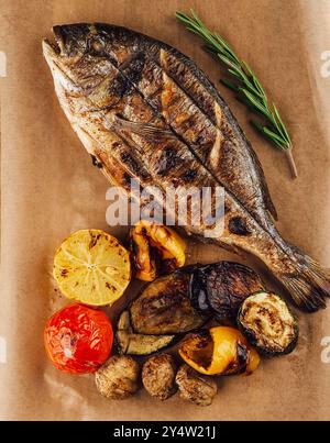 Pesce dorado alla griglia condito con rosmarino e servito con verdure grigliate su carta da forno Foto Stock