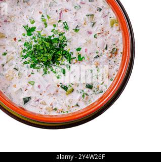 L'Okroshka è una zuppa rinfrescante originaria della russia, tipicamente servita fredda e preparata con una base di panna acida, kefir o kvass, insieme a verdure fresche Foto Stock