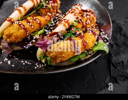 Sushi tempura in panino Bao servito con un filo di salsa cremosa su un piatto nero moderno Foto Stock