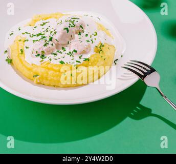 Polpette di pollo cremose servite su un letto di purè di patate e guarnite con prezzemolo su un piatto bianco Foto Stock