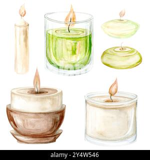 Set di candele. Clip ad acquerello Art L'illustrazione è disegnata a mano in colori pastello. Adatto per disegni di carte, tessuti e scrapbooking Foto Stock