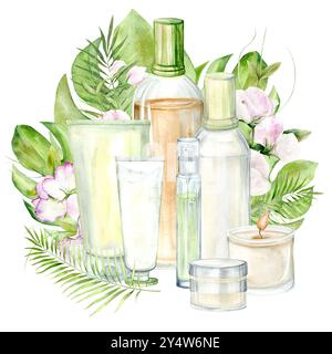 Set di cosmetici per il centro benessere, profumati fiori di pisello, foglie di mandorle e palme. Shampoo, crema e profumo. Clip Art acquerello l'illustrazione è disegnata a mano in colori pastello. Adatto per disegni di carte, tessuti e scrapbooking Foto Stock