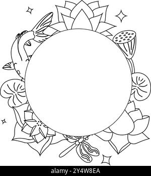 Pesci koi cinesi che nuotano intorno al fiore di loto, illustrazione vettoriale disegnata a mano. Illustrazione Vettoriale