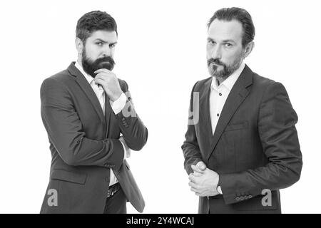 Resta di classe. Signori seri isolati su bianco. Uomini d'affari in abbigliamento formale. Uomini bearded in stile formale. È richiesto un abbigliamento e un abbigliamento formale. Moda formale A. Foto Stock