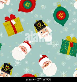 Motivo natalizio senza cuciture con Babbo Natale, spandiconcime, confezione regalo e palla di vetro. Illustrazione vettoriale Illustrazione Vettoriale