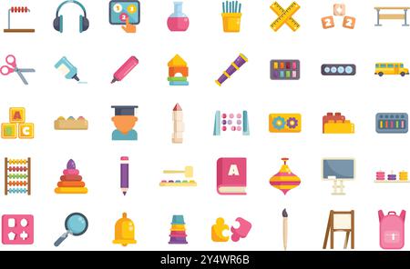 Questa illustrazione vettoriale presenta icone colorate che rappresentano vari aspetti dell'istruzione e dell'apprendimento, perfette per progetti relativi alla scuola, allo sviluppo dell'infanzia e alla conoscenza Illustrazione Vettoriale