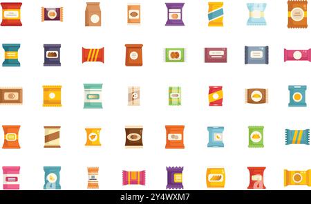 Collezione di confezioni di snack con vari colori e forme, che presenta una varietà di design per diversi prodotti snack Illustrazione Vettoriale