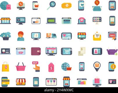 Si tratta di una grande serie di icone che illustrano vari concetti relativi allo shopping online, con particolare attenzione all'e-commerce Illustrazione Vettoriale