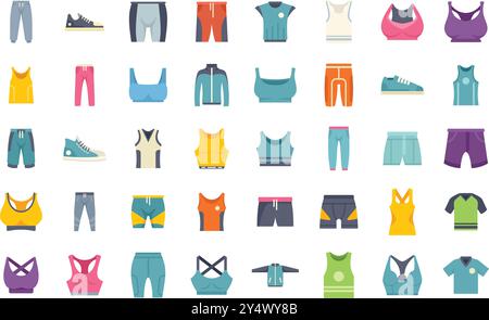 In questa collezione di icone vettoriali viene presentata una varietà di capi di abbigliamento sportivo colorati Illustrazione Vettoriale