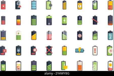 Questa serie di icone di ricarica della batteria è perfetta per illustrare diversi livelli di carica della batteria, stati di carica e concetti relativi all'alimentazione Illustrazione Vettoriale