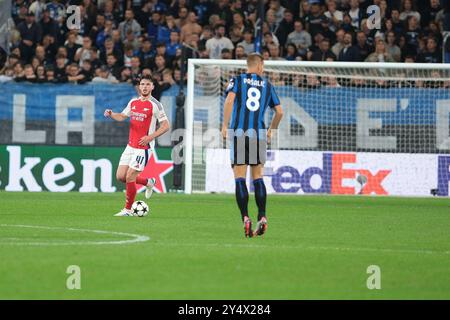 Declan Rice dell'Arsenal porta il pallone durante la partita di calcio di UEFA Champions League 2024/2025 tra Atalanta BC e Arsenal FC allo stadio Gewiss il 19 settembre 2024, Bergamo, Italia. Foto Stock