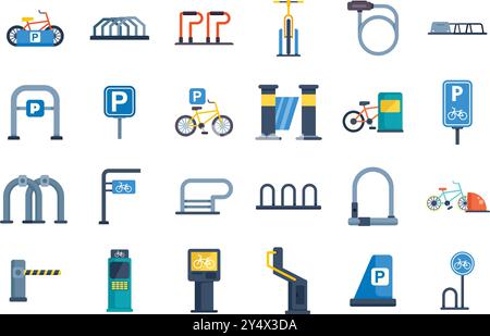 Set iconico di parcheggio per biciclette con parcheggi, cartelli e attrezzature per riporre le biciclette in sicurezza Illustrazione Vettoriale