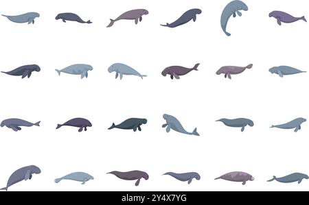 Serie di illustrazioni con dugonghi in varie pose per il nuoto Illustrazione Vettoriale