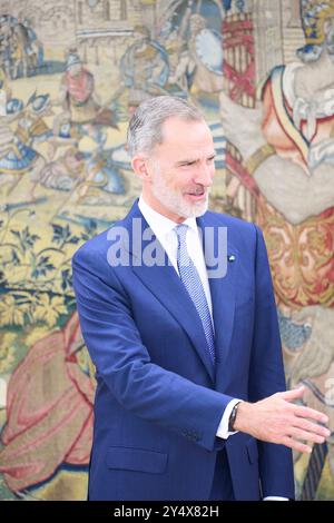 Re Felipe vi di Spagna partecipa a un'udienza con il presidente esecutivo della CAF-Development Bank of Latin America, Sergio Diaz-Granados al Palazzo Zarzuela il 29 maggio 2023 a Madrid, Spagna. Foto Stock