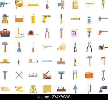 Grande serie di icone colorate raffiguranti vari strumenti per lavori di costruzione e riparazione Illustrazione Vettoriale