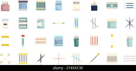Bastoncini di cotone per le icone della collezione di prodotti igienici per la pulizia delle orecchie, in stile piatto su sfondo bianco Illustrazione Vettoriale