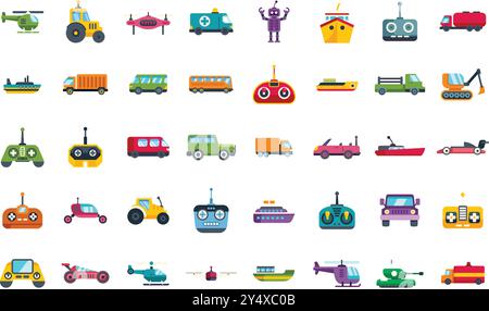 Set di giocattoli con telecomando che mostra veicoli, barche e aerei per giocare e hobby, divertimento e giochi per bambini e adulti Illustrazione Vettoriale