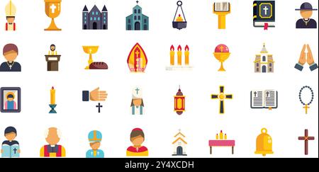 Grande serie di icone legate alla chiesa raffiguranti elementi religiosi e persone che pregano o predicano in chiesa Illustrazione Vettoriale