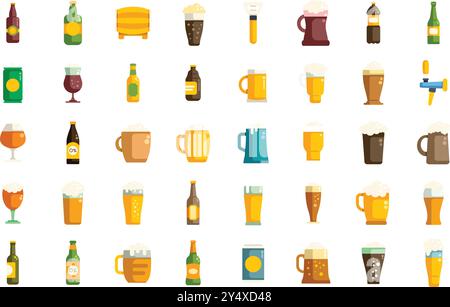 Gusta una birra rinfrescante da una varietà di contenitori, tra cui bicchieri, bottiglie e lattine Illustrazione Vettoriale