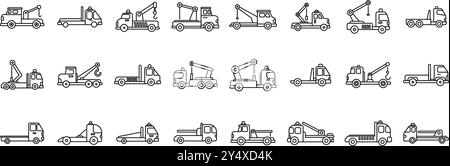 Set icone del rimorchio di soccorso. Icone a linee semplici che rappresentano una varietà di carrelli per l'assistenza stradale Illustrazione Vettoriale