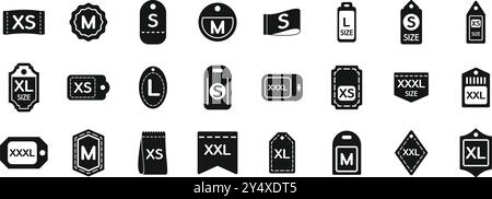 Set di icone di stoffa per etichette di dimensioni. Set di icone delle dimensioni dei capi che mostrano dimensioni diverse da quelle extra piccole a quelle extra grandi per abiti e accessori in uno stile semplice Illustrazione Vettoriale