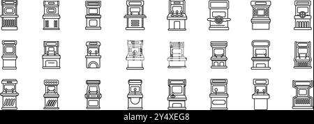 Set di icone di macchine per videogiochi arcade retrò. Ampio set di armadietti per videogiochi arcade con joystick e pulsanti per giocare in stile retrò a 8 bit degli anni '80 o '90 Illustrazione Vettoriale