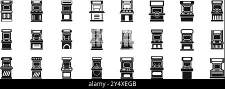 Set di icone di macchine per videogiochi arcade retrò. Questo set di armadietti per videogiochi arcade è perfetto per illustrare l'emozione e la nostalgia dei videogiochi classici Illustrazione Vettoriale