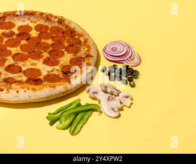 Pizza al peperoni condimenti eccellenti cipolla olive funghi peperoni su sfondo giallo foto studio con spazio fotocopie Foto Stock