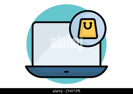 Icona del contorno colorato per lo shopping online. notebook con borsa della spesa. icona relativa alla fattura e al pagamento. illustrazione vettoriale degli elementi aziendali Illustrazione Vettoriale