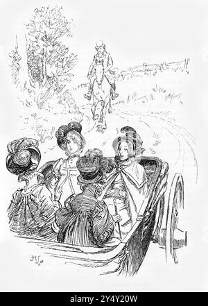 Incisione di quattro donne in carrozza aperta su una strada attraverso la campagna inglese, pubblicata nel 1926 Foto Stock