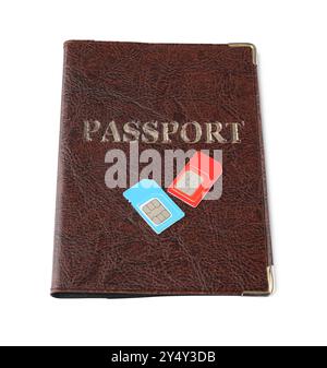 Passaporto e schede SIM isolate su bianco Foto Stock