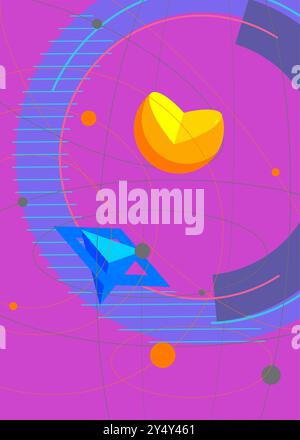 Cool geometrico grafica tema retrò copertina. Design minimo dei poster con elementi geometrici. Modello di forme astratte vintage per banner poster. Illustrazione Vettoriale