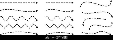 Set frecce tratteggiate nere. Collezione di frecce a zigzag ondulate. Disegnare puntatori punteggiati e linee di direzione. Fascio di elementi di design a strisce con profilo curvo e diritto per opuscoli, poster e brochure. Vettore Illustrazione Vettoriale