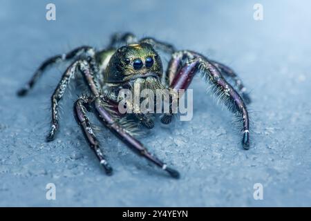 Ragno che salta con gambe iridescenti e grandi occhi in piedi su una superficie blu testurizzata. Foto Stock