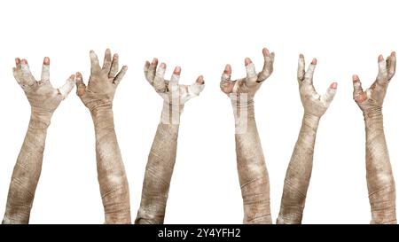 Le mani della mamma hanno delle bende sporche. Le mani di mamma, diavolo, male, satana o zombie sono isolate su uno sfondo bianco. Concetto di Halloween Foto Stock