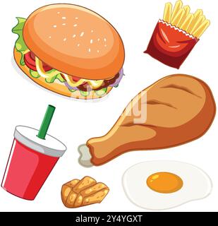 Fast food colorati in stile vettoriale Illustrazione Vettoriale