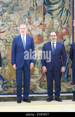 Re Felipe vi di Spagna partecipa a un'udienza con il presidente esecutivo della CAF-Development Bank of Latin America, Sergio Diaz-Granados al Palazzo Zarzuela il 29 maggio 2023 a Madrid, Spagna. Foto Stock