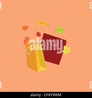 Borse per la spesa sfondo autunnale con foglie autunnali vettoriali rosse e gialle in 3D. Pubblicità per il giorno del Ringraziamento, vendita e sconto concetto tre Illustrazione Vettoriale