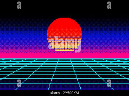 Paesaggio con pixel Sun e griglia wireframe di un gioco per computer retrò in stile anni '80. Sfondo fantascientifico in stile sintonico Illustrazione Vettoriale