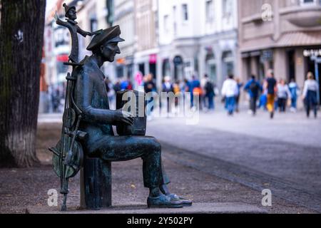 Rostock, Germania. 19 settembre 2024. La statua di bronzo del fisarmonicista Opa Michael Tryanowski a Universitätsplatz nel centro della città anseatica. Crediti: Jens Büttner/dpa/Alamy Live News Foto Stock