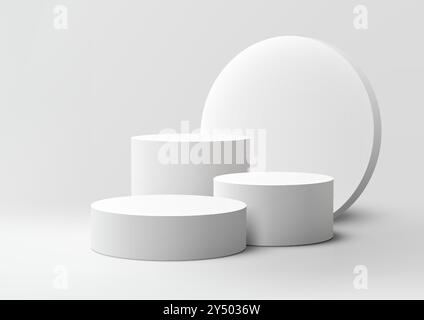 Elegante configurazione 3D con podi cilindrici bianchi e ampio sfondo circolare bianco, adatto per pubblicità, presentazioni aziendali e marchi visivi Illustrazione Vettoriale