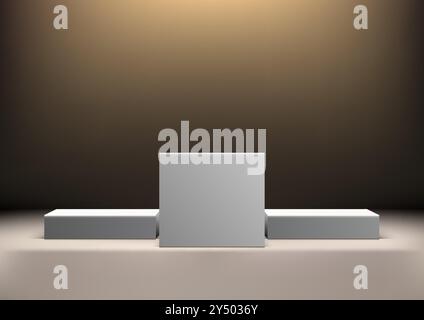 Podio bianco 3D sotto i riflettori, perfetto per cerimonie di premiazione, esposizione di prodotti e vetrine minimaliste Illustrazione Vettoriale