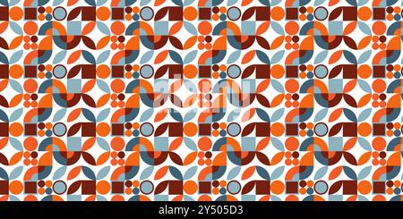 Motivo geometrico con cerchi, quadrati, semicerchi e petali in marrone, arancione, blu. Design versatile adatto per sfondi, tessuti, packagin Illustrazione Vettoriale